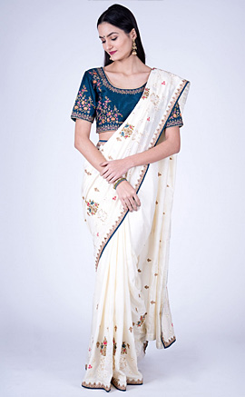 Off-White Self Textured Silk Saree with Embroidered Border